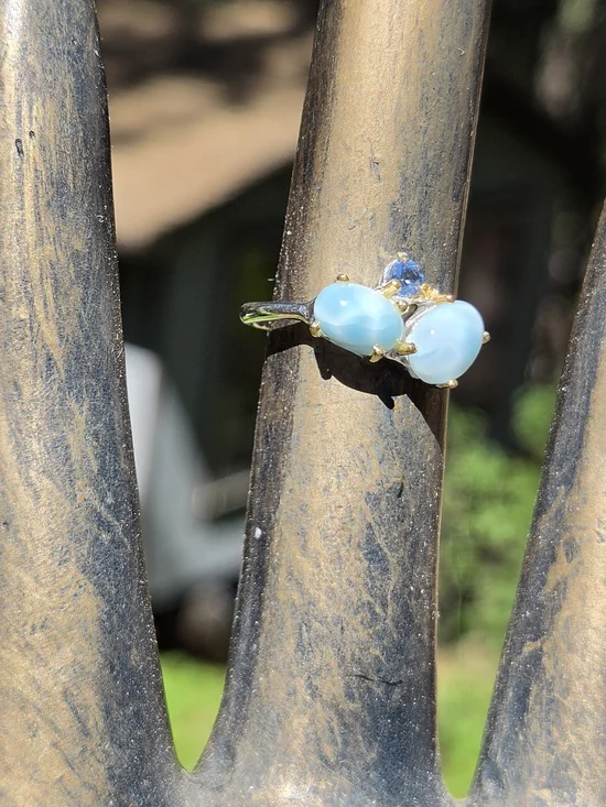Larimar & Sapphire Sterling & Gold Ring Sz6 - Picture 6 of 8